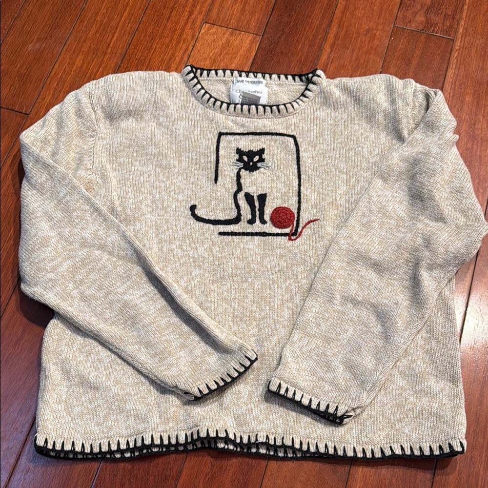 Christopher & Banks Cream and Black Cat Design Crew Neck Sweater
